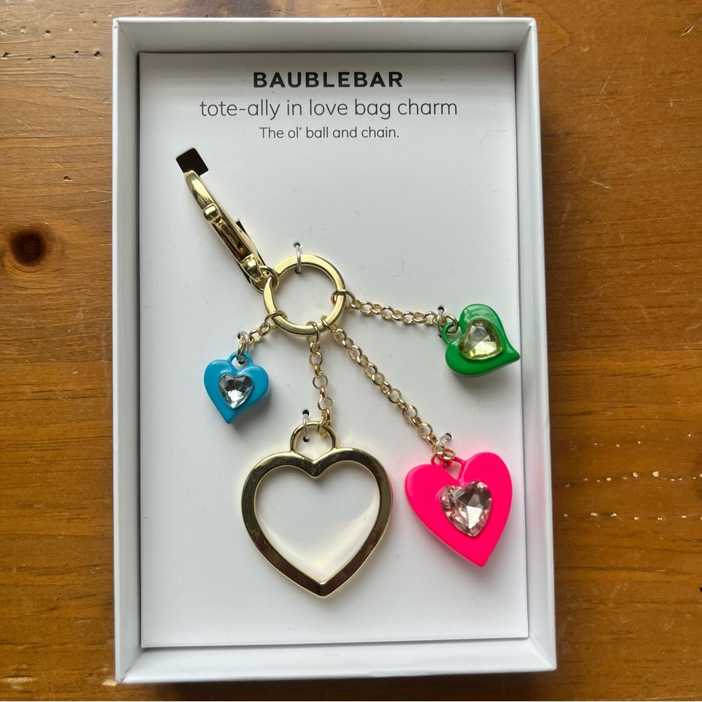 NWT Baublebar tote-ally in love bag charm The ol’ ball & chain gold hearts neon